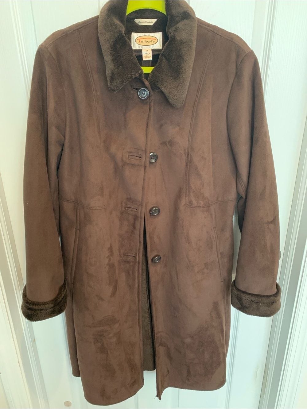 Talbots Chocolate Brown Faux Suede Trench Coat with Faux-Fur Trim Medium